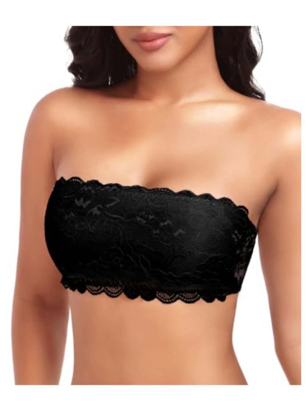 Strapless Lace Bandeau Bra with Removable Pads, Wire-Free, Convertible Straps